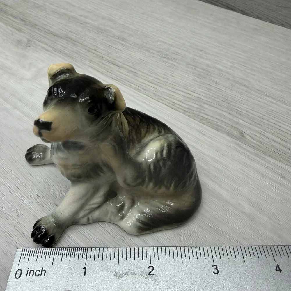Porcelain Dog Figurine Collie Puppy Gray Black Tan Glazed Marked Base 3inch